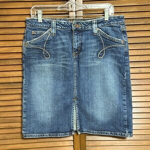 Hippie Retro Distressed Denim Jean Skirt Front Slit Size 12